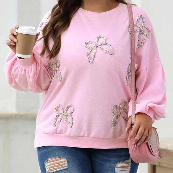 Embroidered Bow Lantern Sleeve Oversized Pullover Sweatshirt Kawaii - Picture 2 of 8